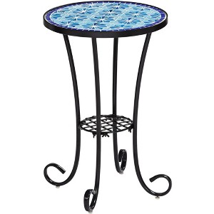 Teal Island Designs Modern Black Round Outdoor Accent Side Table 14" Wide Blue Star Mosaic Tabletop for Front Porch Patio Home House - 1 of 4