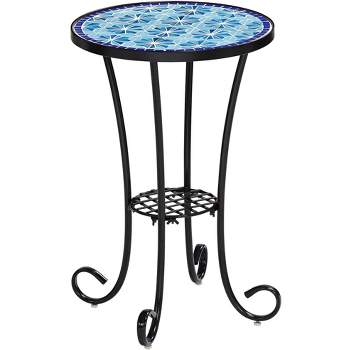 Teal Island Designs Modern Black Round Outdoor Accent Side Table 14" Wide Blue Star Mosaic Tabletop for Front Porch Patio Home House