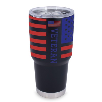 100 North 30 Ounce Stainless Steel On the Go Travel Tumbler With Push Top Lid, American Flag Veteran Black