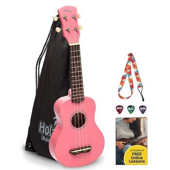 Hola! Music Color Series Soprano Ukelele Set for Beginners with Canvas Tote Bag, Strap with Hook, & Various Size Picks, Pink