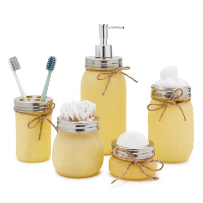 Farmlyn Creek 5 Piece Yellow Glass Bathroom Accessories Set with Soap Dispenser Toothbrush Holder  Cups
