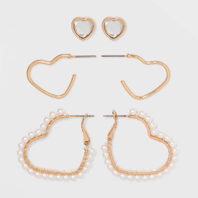 Girls' 3pk Pearl Hearts Earrings - art class™ Gold