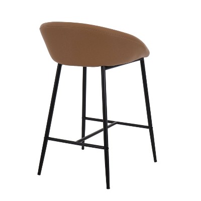 Camel Faux Leather Counter Stools with Black Metal Frame, Set of 2