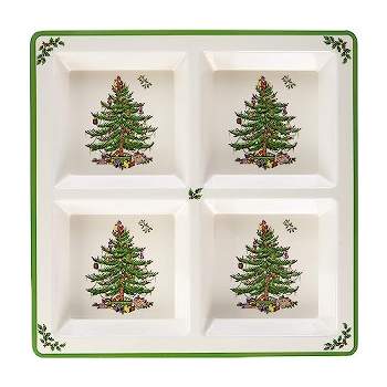 Spode Christmas Tree Melamine 4 Section Tray, 13.5 Inch Divided Serving Tray for Nuts, Candy and Condiments, Indoor and Outdoor Serving