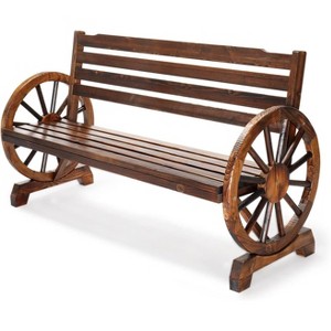VINGLI Outdoor Rustic Wooden Bench with Wagon Wheel Arms, 3 People Garden Bench Front Porch Furniture Patio Lawn Yard Park, Indoor and Ourdoor Decor - 1 of 4