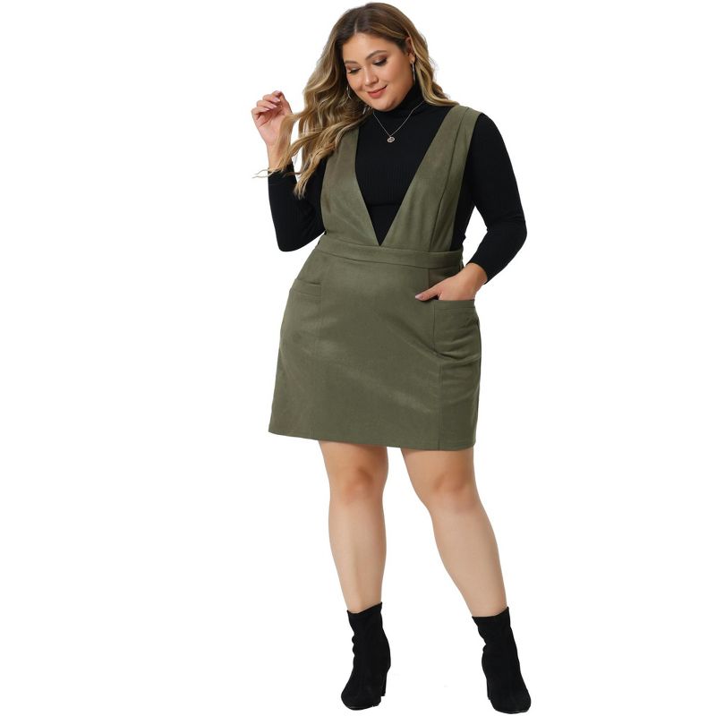 Agnes Orinda Women's Plus Size V Neck Sleeveless Faux Suede Pockets Pinafore Overall Mini Skirts, 3 of 6