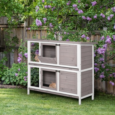 Gray and White Wooden 2-Tier Guinea Pig Cage with Slide-Out Tray