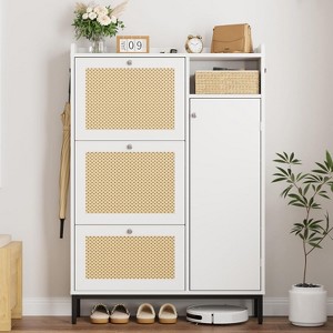 Rattan Shoe Storage Cabinet with 3 Flip Drawers, 4-Tier Shoe Organizer for Entryway, Hallway - 1 of 4