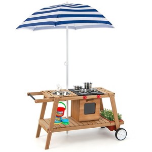 Costway Kid's Play Trolley Outdoor Wooden Kids Play Cart with Sun Umbrella  for Toddlers 3+ White\Blue - 1 of 4