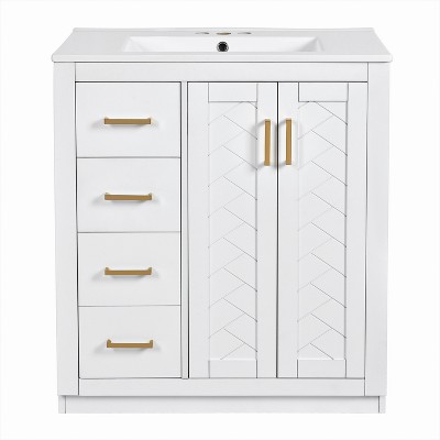 Vynxaria 30" White Freestanding Bathroom Storage Cabinet with Ceramic Sink and Soft-Closing Doors