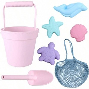 Silicone Beach Toys - Modern Travel Set Bucket, Shovel, 4 Molds, Bag Sand Toys, Pink - 1 of 4