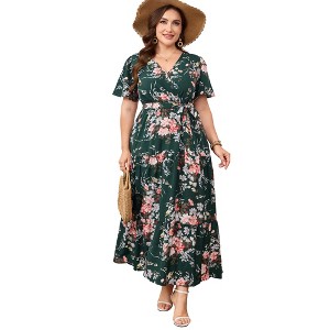Floral Wrap V-Neck Short Sleeve Tiered Maxi Dress with Waist Tie Dark Green  5X : Target