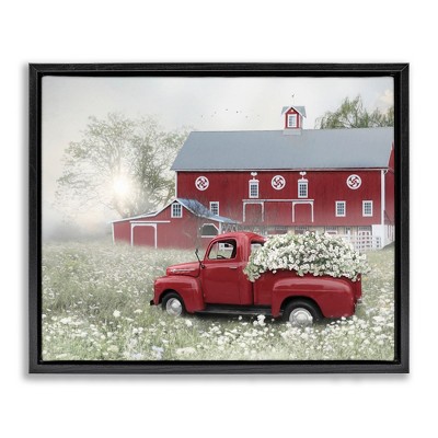Stupell Industries Red Truck Floral Country Meadow Black Framed Floater Canvas Wall Art