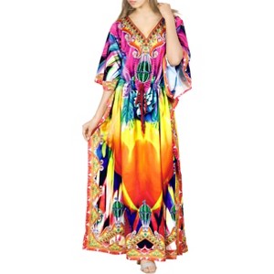 LA LEELA Women's Maxi Slit Dashiki Casual Caftan One Size Orange Abstract - 1 of 4