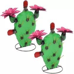 Sunnydaze Yellow-Needled Barrel Cactus Metal Statue - Rustic Metal Art Sculpture for the Yard - For Indoor or Outdoor Use - 17.5" - Green - Set of 2