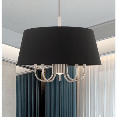 Sleek Brushed Nickel 6-Light Pendant with Black Fabric Drum Shade