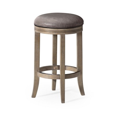 HomeRoots 26" Stone and Oak Faux Leather and Solid Wood Backless Counter Height Swivel Bar Chair