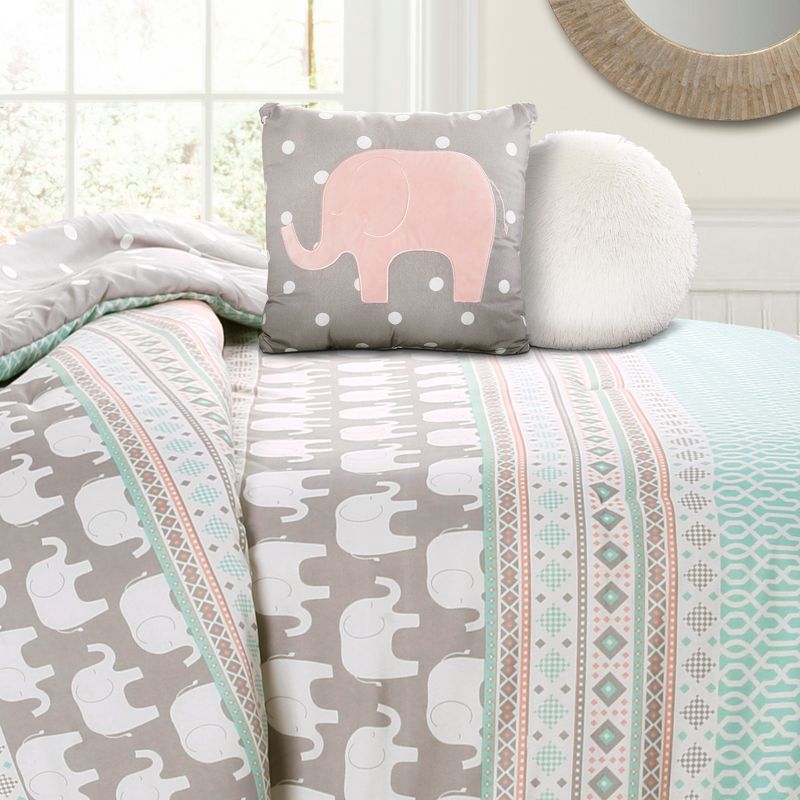 Elephant Striped Comforter Set with Elephant Throw Pillow Turquoise/Pink - Lush Décor, 4 of 9