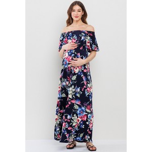 Hello Miz Women's Off Shoulder Ruffle Maternity Maxi Dress - 1 of 4