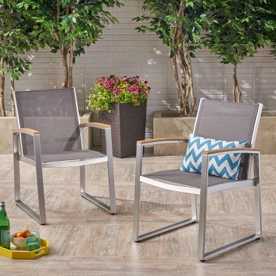VYNXARIA Mid-Century Modern Patio Dining Chairs - Set of 2, Rust-Proof Aluminum Frame with Faux-Wood Arms and Mesh Seat for Outdoor Use,Gray