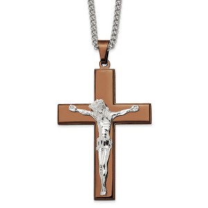 Black Bow Jewelry Stainless Steel & Brown IP-Plated Large Crucifix Necklace, 24 Inch - 1 of 3