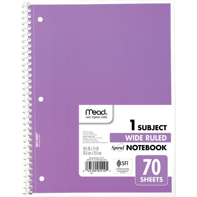 Mead Spiral 1 Subject Notebook, Wide Ruled, 70 Sheets Per Book, Pack of 6, 3 of 8