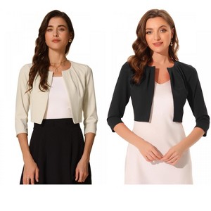 INSPIRE CHIC Women's 3/4 Sleeve Collarless Pleated Open Front Cropped Cardigan 2 Packs - 1 of 4