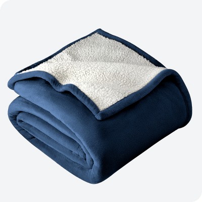 Dark Blue Throw/Travel Size Faux Shearling Fleece Blanket by Bare Home