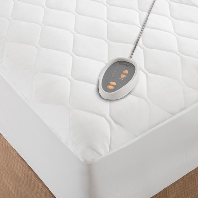 Queen White Cotton Blend Heated Mattress Pad with Quilted Top