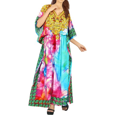 LA LEELA Women's House Daily Routine Evening Wear Loungewear Maxi Kaftan Casual Long Slit Dress Caftansuit Coverup for Women One Size Multi,Abstract - image 1 of 4