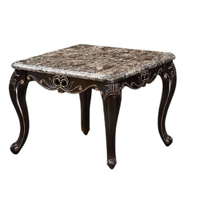 Lirago Dark Walnut End Table 23.5"H x 27.5"W x 26"D Marble Top Cabriole Legs Gold Highlights Transitional Style