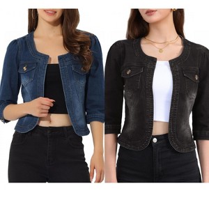 INSPIRE CHIC Women's Collarless Pockets 3/4 Sleeve Crop Denim Jackets 2 Pieces - 1 of 4