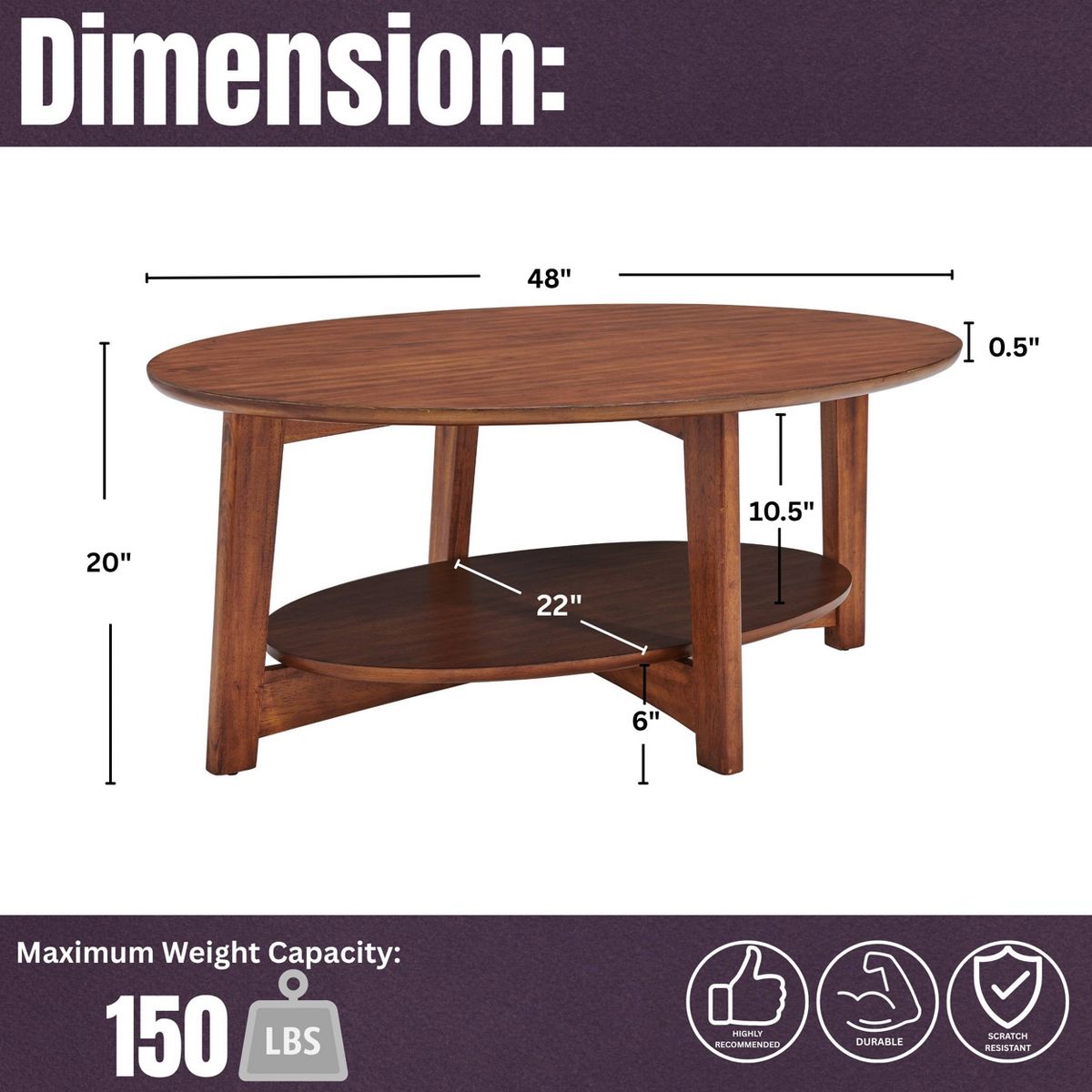 Monterey Oval Mid Century Modern Wood Coffee Table Chestnut: Tapered Legs, Floating Shelf - Alaterre Furniture - thumbnail 5