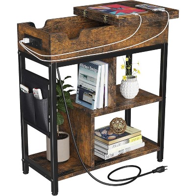 Homhougo End Table with Charging Station, Flip Top Narrow Side Table Nightstand with Outlets USB Ports and Storage, Bedside Table with Shelf, Brown