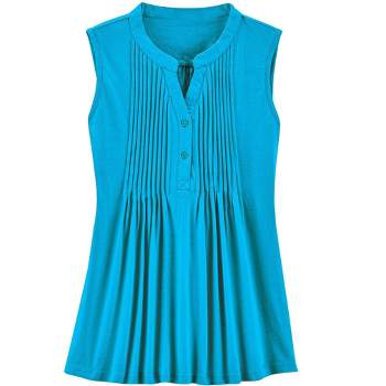 Collections Etc Pintuck Cotton Knit Sleeveless Buttoned V-Neck Tunic