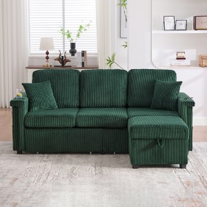 76.38'' Corduroy L-Shaped Sectional Sofa with Pull-Out Storage, Ottoman, USB Charging, and Cup Holders - 1 of 4