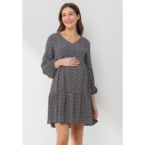 Hello Miz Maternity Printed Empire Waist Tiered Dress with Side Pockets - Black