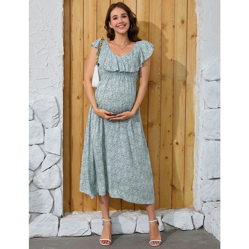 Women Maternity Summer Spring Casual V Neck Boho Sundress Ruffle Cap Sleeveless Flowy Maxi Dress Baby Shower, 2 of 8