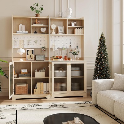 71" Kitchen Pantry Cabinet, Wooden Tall Sideboard Buffet Cabinet with Microwave Stand, Pegboard and Hutch, for Dining Room or Living Room