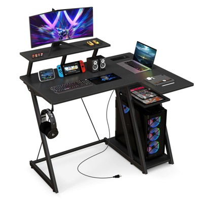 Tangkula Computer Desk W/ Built-in Charge Station Metal Frame Gaming ...