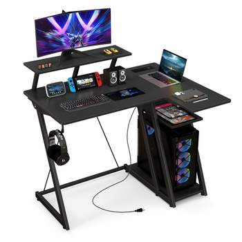 Tangkula Computer Desk w/ Built-in Charge Station Metal Frame Gaming Desk w/ Monitor Shelf Modern Writing Desk Workstation Table for Office Room Black/White/Pink
