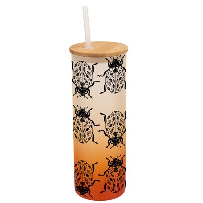 Elanze Designs Floral Beetle Bug Insect Wrap-Around Design 25 Ounce Frosted Gradient Glass On-The-Go Coffee Travel Skinny Tumbler Mug Cup, Bamboo Lid