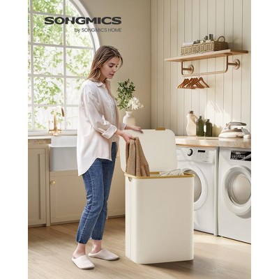 Cream White Collapsible 3-Section Laundry Hamper with Bamboo Lid