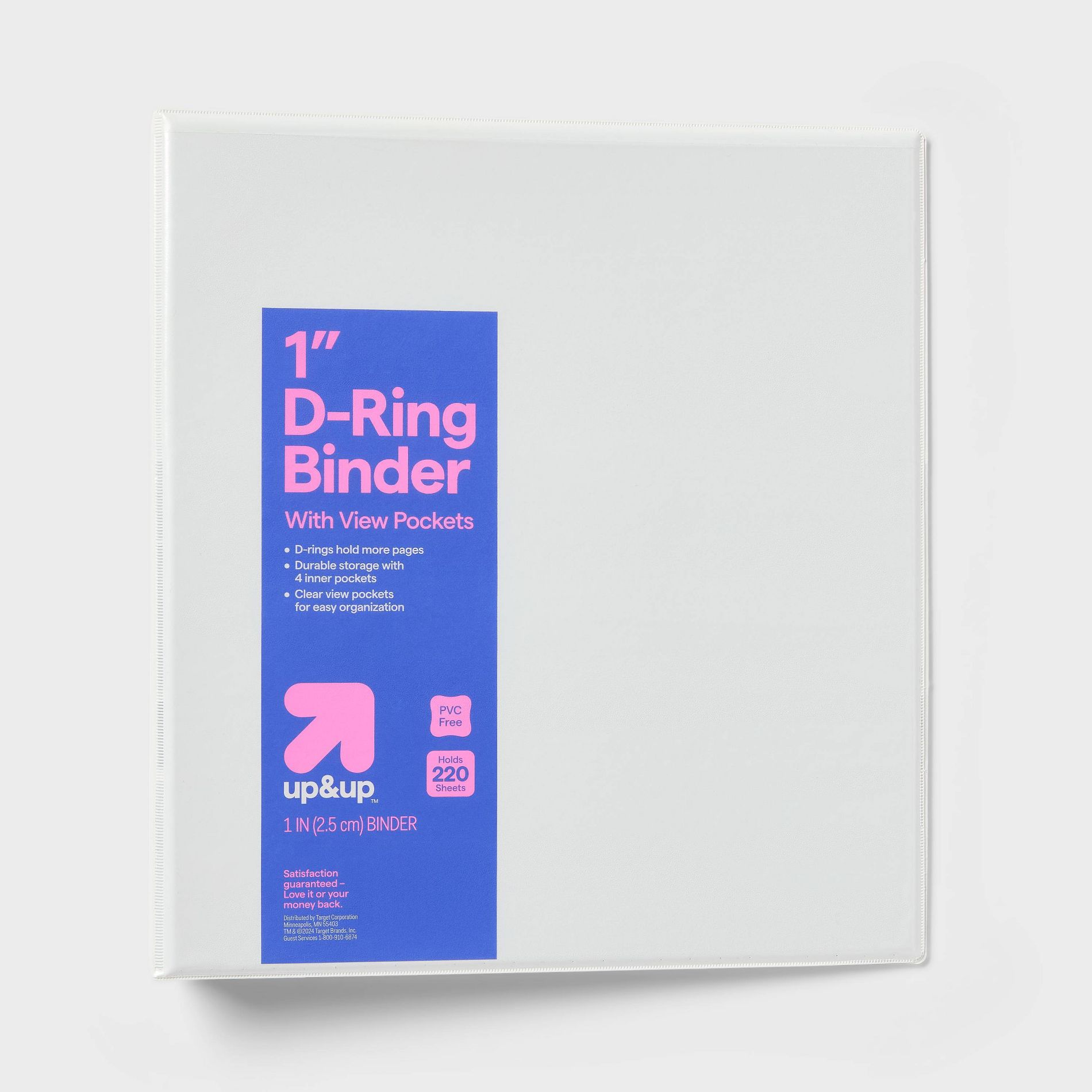 1" 3 Ring Binder Clear View White - up&up™: D Rings, 220 Sheet Capacity, Internal Pockets, Polypropylene