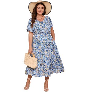 YESFASHION Womens Plus Size Summer Floral Dress V Neck Short Sleeve Tie Front Casual Boho Beach A Line Maxi Dress with Pockets - 1 of 4