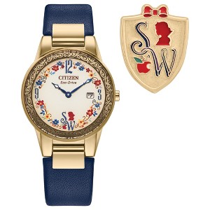 Disney Citizen Eco-Drive Watch Featuring Princess Snow White Gold Stainless Steel Case with Blue Leather Strap and Pin Gift Set, Pale Gold Dial, Date - 1 of 4