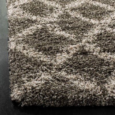 Ivory and Grey Geometric High Pile Shag Area Rug