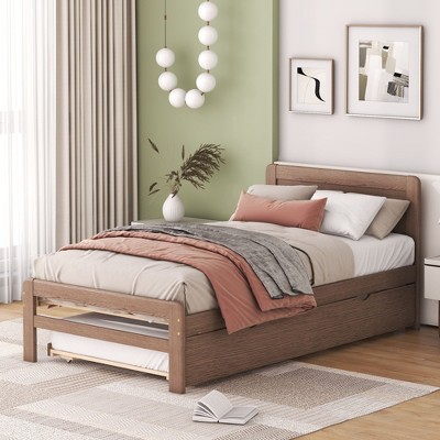 CAVINAS Twin Size Modern Wood Platform Bed Frame with Drawers/Trundle,No Box Spring Needed
