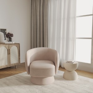 LeisureMod Upholstered Velvet Boucle Linen Accent Chair with Round Barrel Design, 360-Degree Swivel, and Removable Round Base - 1 of 4