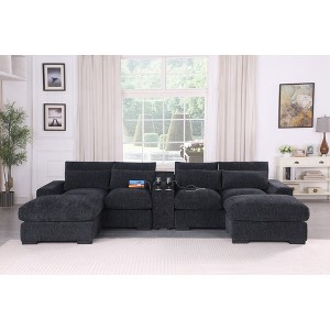 Flannel Velvet Upholstered U-Shaped Sectional Sofas & Chaise with Cupholder Console, USB Charging Ports, and Two Matching Ottomans - 1 of 4